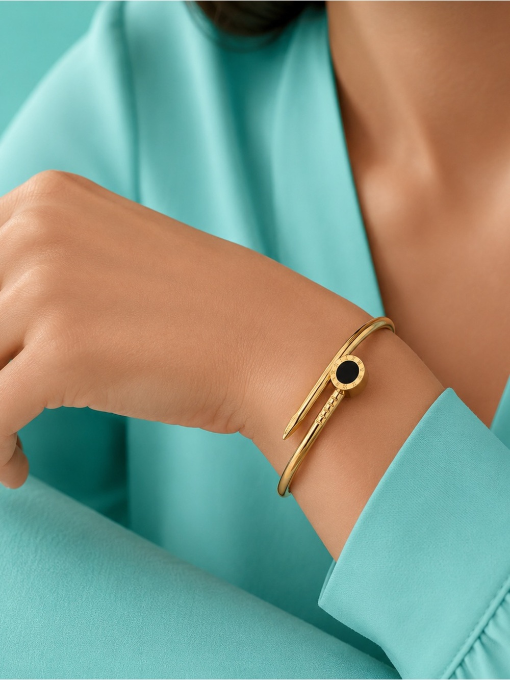 Gold Nail Cuff Black Roman Numeral Circle Bangle Bracelet